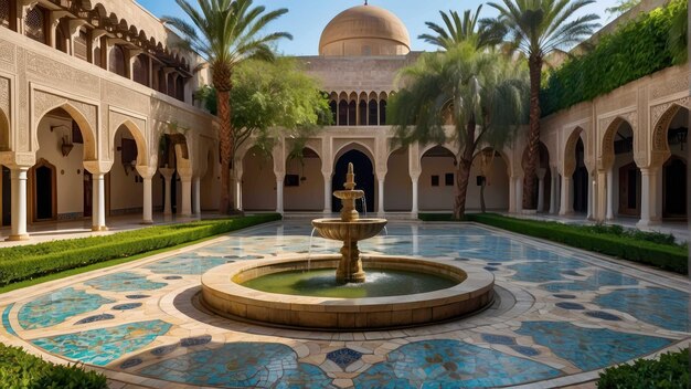 Photo une cour maure tranquille avec une fontaine