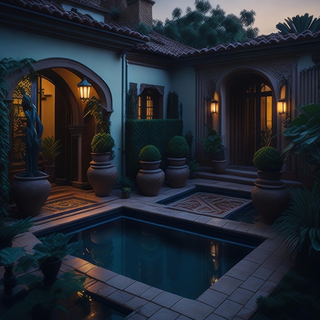 Une cour avec une piscine et une maison éclairée avec une lampe allumée qui dit "la maison est un jardin"