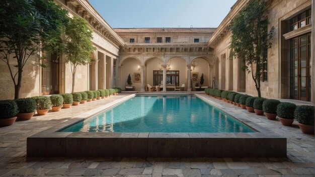 Cour sereine avec piscine dans un vieux manoir