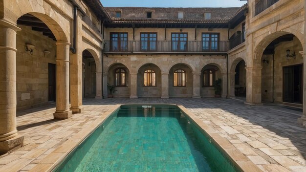 Cour sereine avec piscine dans un vieux manoir