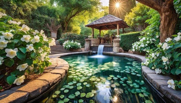 Une cour tranquille et une fontaine avec des fleurs de jasmin flottant sur la surface de l'eau.
