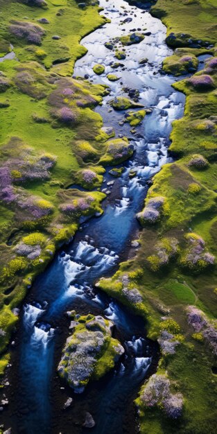 Courant aérien en Islande style Franco Fontana avec des motifs violets et verts