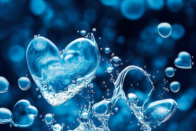 Courant d'eau en forme de coeur avec des gouttes de bulles éclabousse le concept de la Saint-Valentin AI générative
