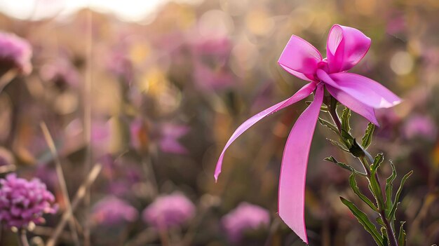 Une courbe rose sur une fleur sauvage dans un champ de fleurs roses au coucher du soleil