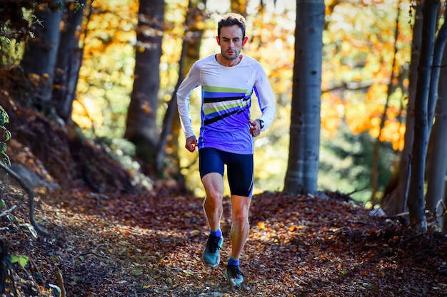 Le coureur d'athlète professionnel s'entraîne parmi les feuilles des bois