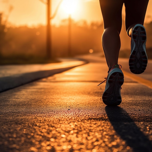 un coureur court sur un chemin au coucher du soleil.