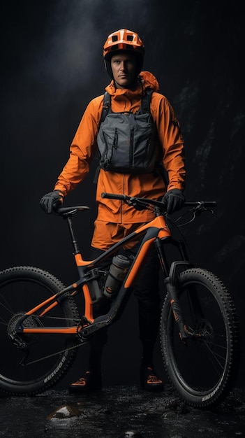 un coureur de descente professionnel entièrement équipé d'équipements de protection et son vélo au sommet d'une montagne