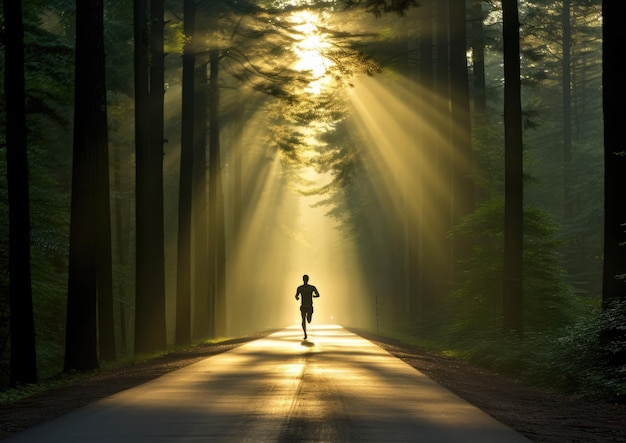 Un coureur faisant du jogging sur une route forestière tôt le matin