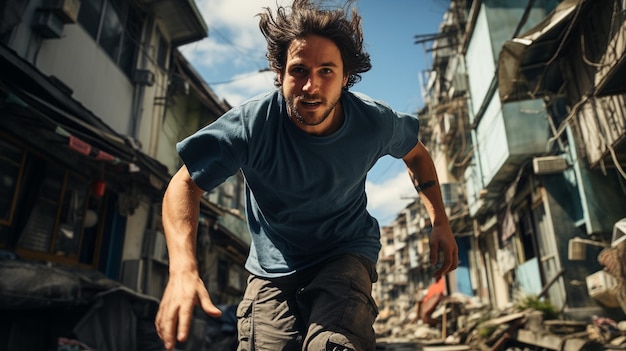 Un coureur libre saute entre deux bâtiments.