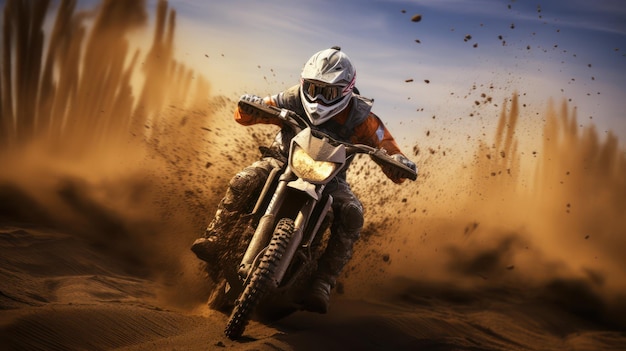 Un coureur de motocross accélérant sur une piste de poussière dans une course représentant le concept de spe