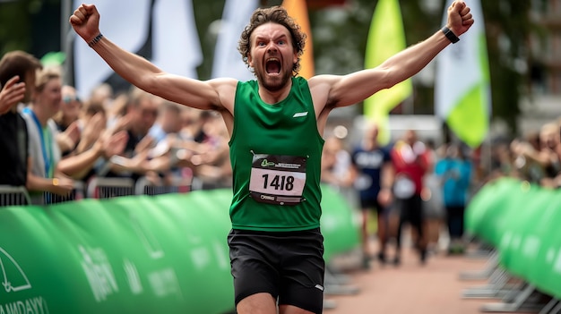 Un coureur portant une chemise verte avec le numéro 145 dessus