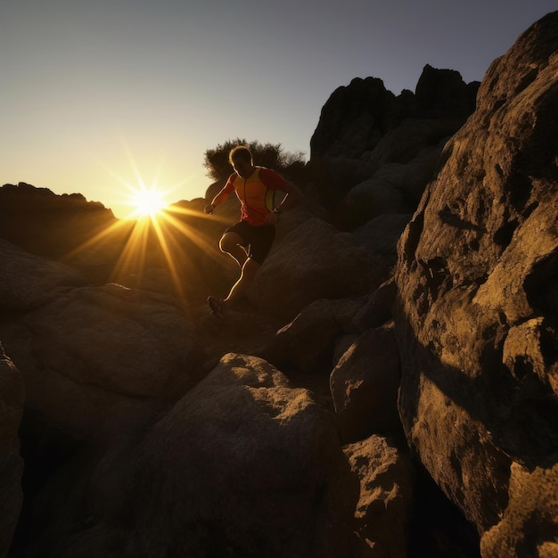 Coureur de trail silhouetté se bousculant dans les rochers au lever du soleil Illustration AI GenerativexA