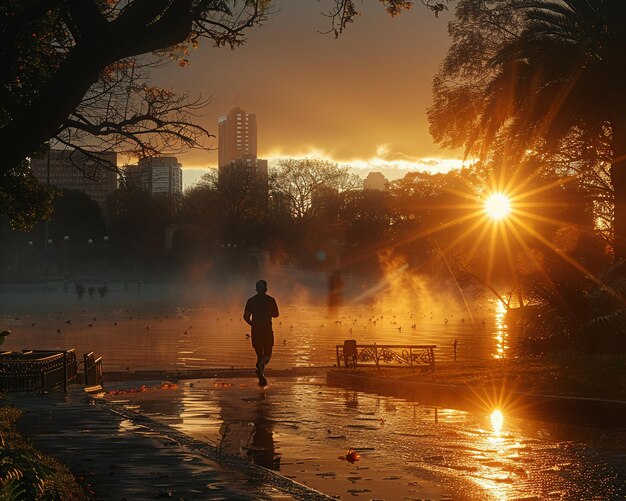 Les coureurs du matin, la silhouette contre un parc brumeux, le lever du soleil, le mouvement des coureurs se brouille dans l'aube.