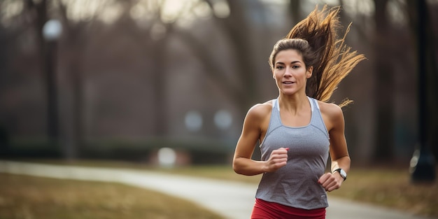 Une coureuse brune court dans le parc en faisant du jogging