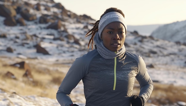 coureuse de trail afro-américaine dans la neige exercice d'hiver fitness style de vie athlète marche