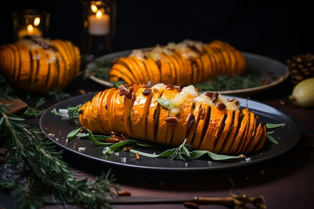 Courge musquée Hasselback avec feuilles de laurier Noël