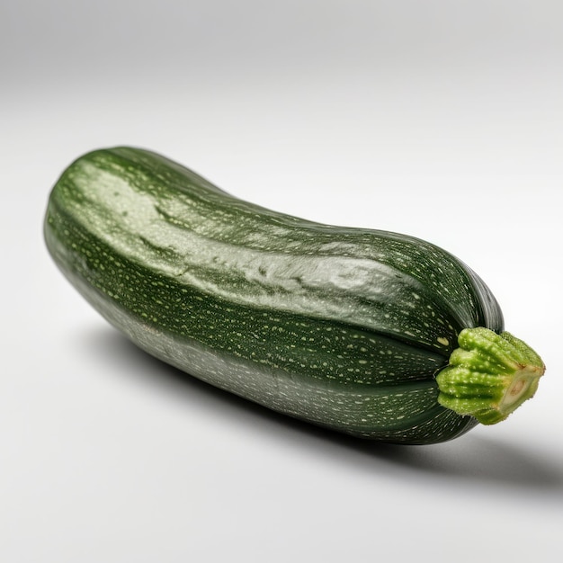 Une courgette verte avec un fond blanc et une tige verte.