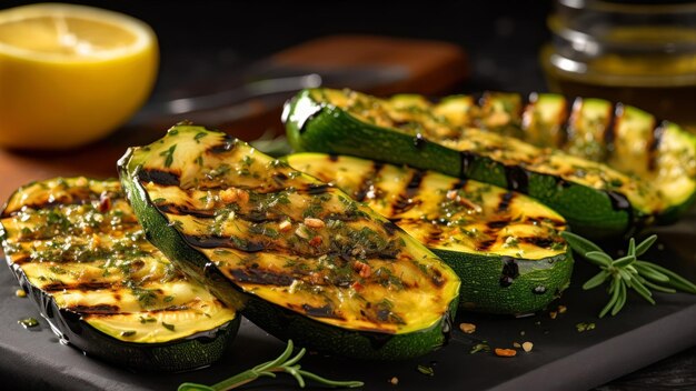 Des courgettes grillées sur un gril avec des citrons et des herbes