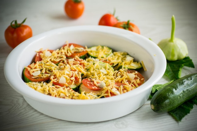 Courgettes et tomates crues tranchées avec du fromage préparé pour la cuisson dans un plat en céramique