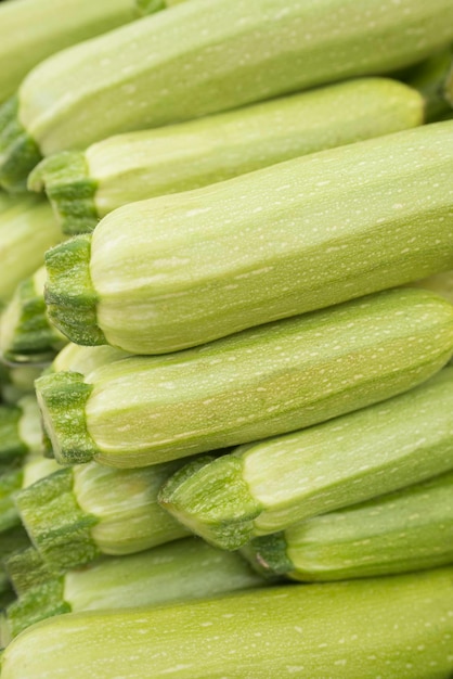 Courgettes vertes fraîches cultivées sur le marché aux légumes