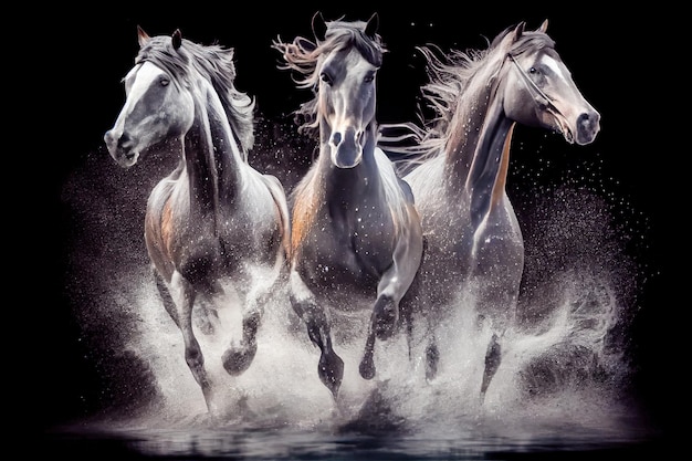 Courir des chevaux sur l'eau sur fond noir AI générative AI générative