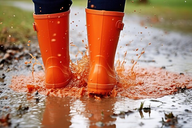 Courir dans les flaques d'eau avec des bottes en caoutchouc