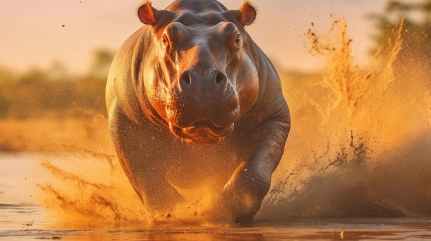 Photo courir des hippopotames dans la poussière à la lumière du soleil couchant