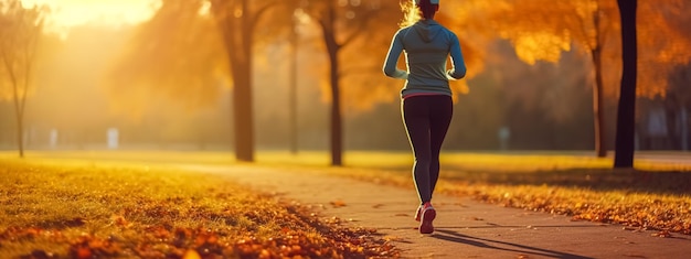 Courir jogging femme sportive dans le parc à la bannière du coucher du soleil avec espace de copie réalisé avec l'IA générative