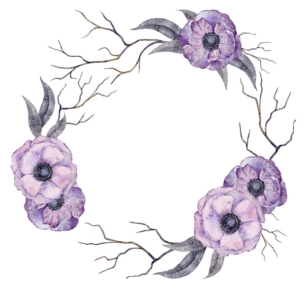 Couronne aquarelle boho anémone fleurs feuilles branches cadre floral violet éléments halloween sorcière