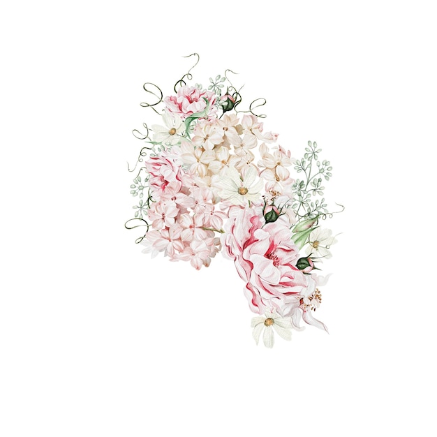 Couronne d'aquarelle avec bourgeons de fleurs roses et hortensia