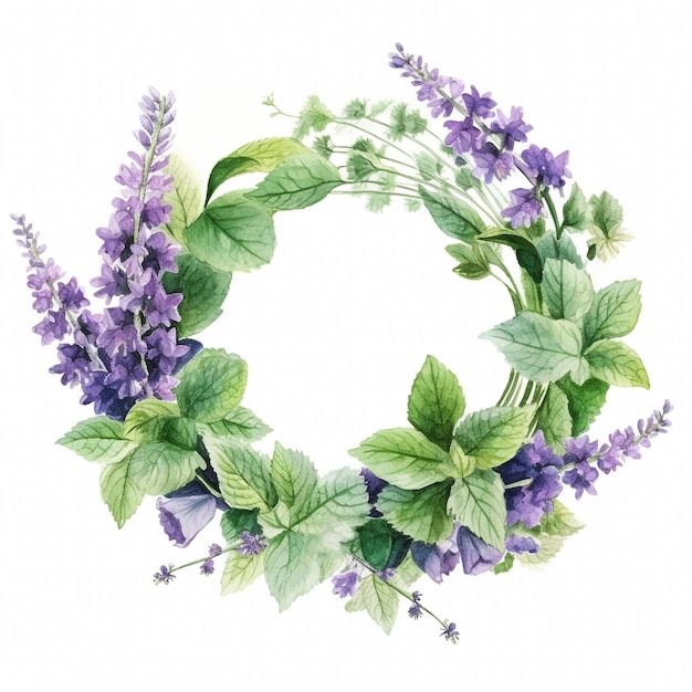 Couronne d'aquarelle avec branche de patchouli patchouli avec feuilles et fleurs Cosmétiques et plantes médicales Illustration dessinée à la main