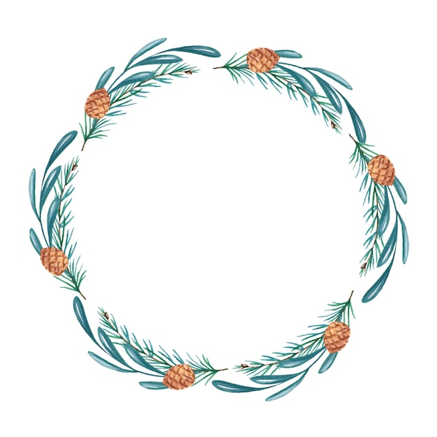 Couronne d'aquarelle avec des brindilles vertes d'épinette de cône de pin sur fond blanc Joyeux Noël