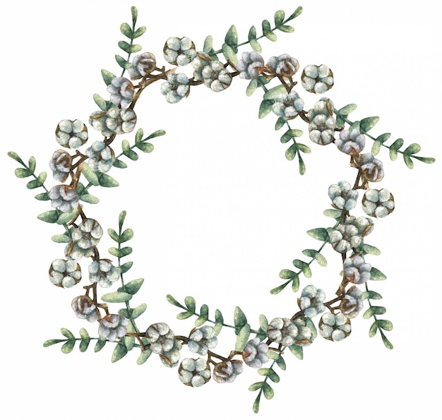 Couronne aquarelle d'eucalyptus et de coton.