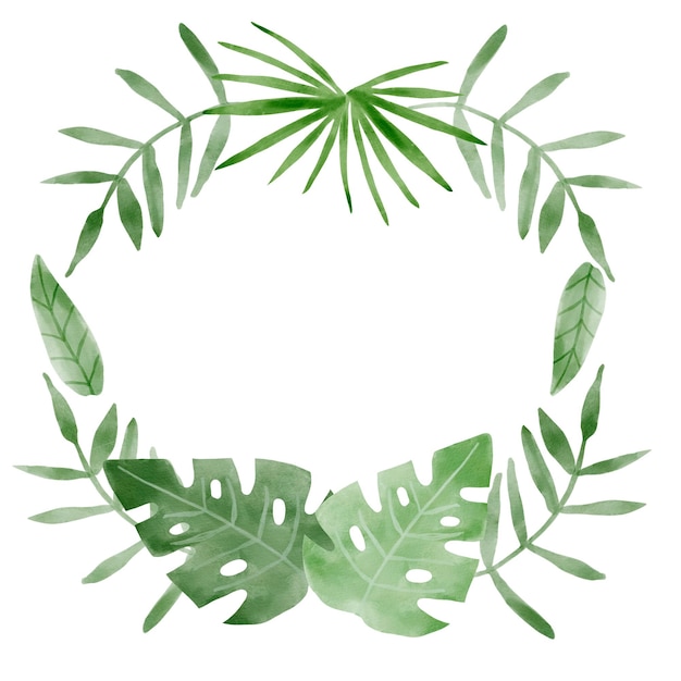 Photo couronne d'aquarelle de feuilles tropicales. feuilles d'aquarelle de la jungle. illustration peinte à la main isolée sur w