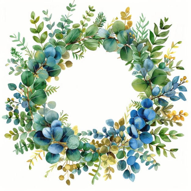 Une couronne d'aquarelle avec des fleurs bleues et des feuilles vertes