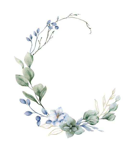 Une couronne d'aquarelle avec des fleurs bleues poussiéreuses et des feuilles d'eucalyptus Illustration peinte à la main