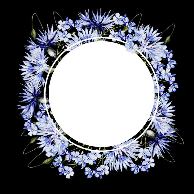 Couronne d'aquarelle avec fleurs de bleuets et feuilles de myosotis