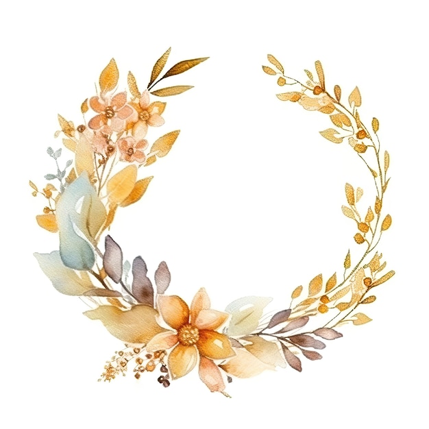 Couronne d'aquarelle avec des fleurs et des feuilles d'or sur fond blanc