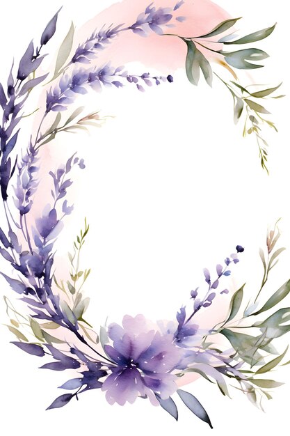 une couronne d'aquarelle avec des fleurs violettes et des feuilles vertes abstrait couleur lavande fond de feuillage