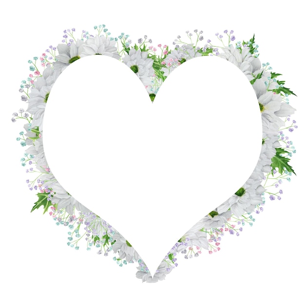 Couronne d'aquarelle en forme de coeur dessinée à la main avec chrysanthème blanc avec gypsophile colorée