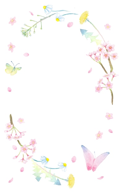 Couronne d'aquarelle peinte à la main de papillons et de fleurs de printemps comme le sac à main de bergers de pissenlit sakura et margaret