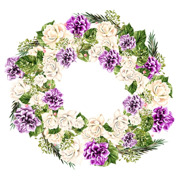 Couronne d'aquarelle avec rose blanche et violette