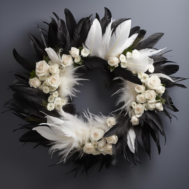 couronne arafée avec des fleurs blanches et des plumes noires sur un fond gris