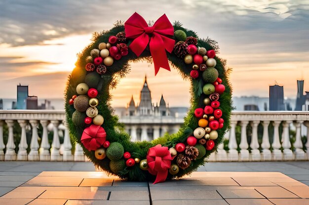 Photo une couronne avec un arc rouge dessus est décorée de décorations de noël.