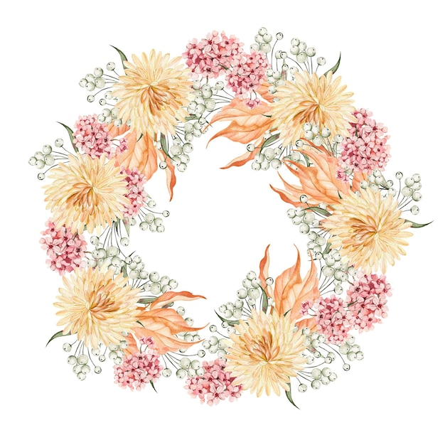 Couronne d'automne aquarelle avec des feuilles et des baies de fleurs de chrysanthème