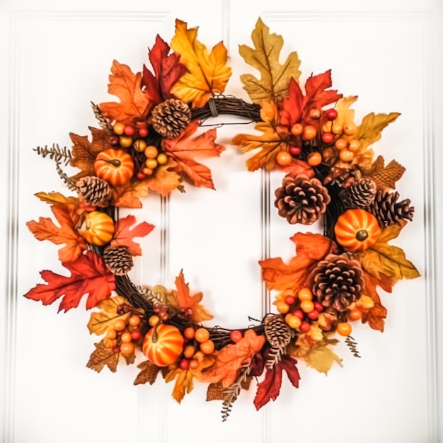 Photo couronne d'automne comme décoration sur porte blanche accueillant la saison des vacances d'automne avec des décorations automnales ai générative