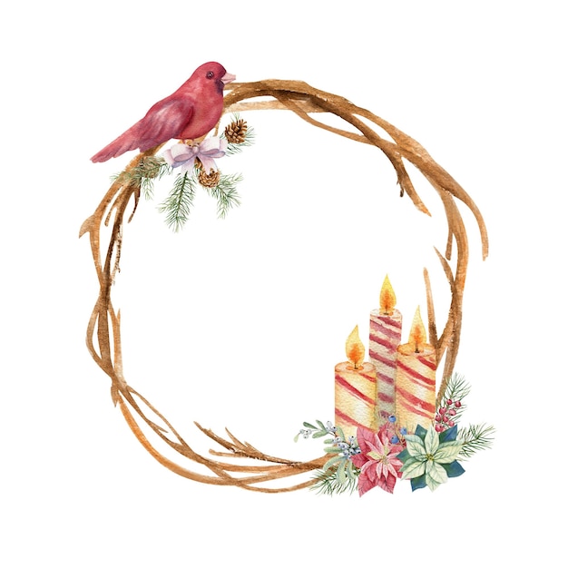 Couronne en bois avec cor festif d'hiver - un oiseau rouge sur une branche d'épinette, des bougies avec des fleurs de paduba. Illustration à l'aquarelle