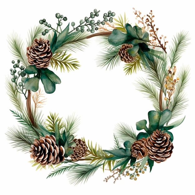 Une couronne botanique de Noël, une bordure florale, une aquarelle, une illustration isolée, une IA générative.