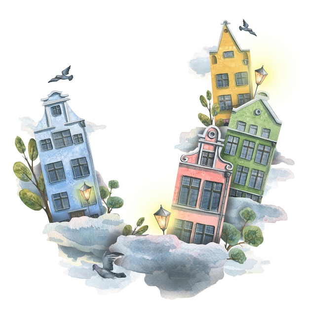 Une couronne un cadre avec de jolies maisons européennes dans les nuages Illustration à l'aquarelle Pour la conception et la décoration de brochures et guides touristiques cartes postales affiches souvenirs estampes bannières