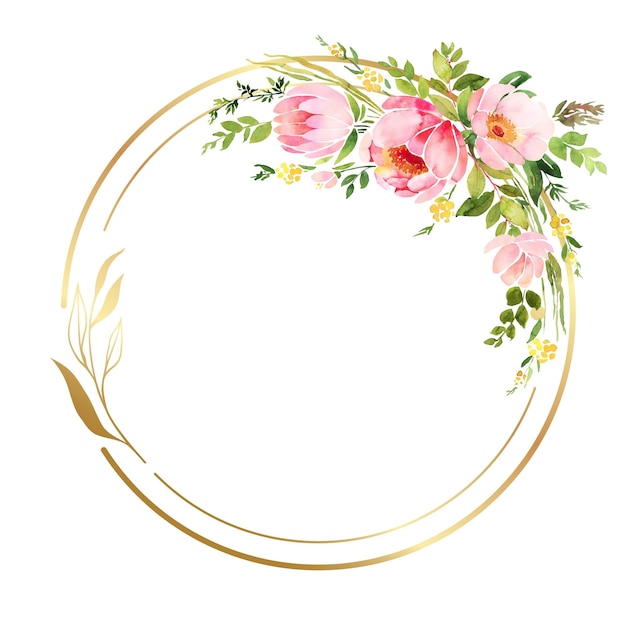 Photo couronne de cercle d'or de fleurs d'aquarelle